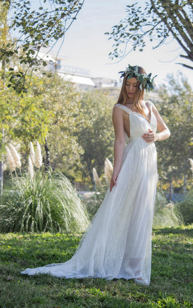 Bohemian Long Lace Wedding Dress With V-Neck-ET_710964