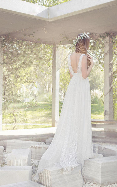 Bohemian Long Lace Wedding Dress With V-Neck-ET_710964