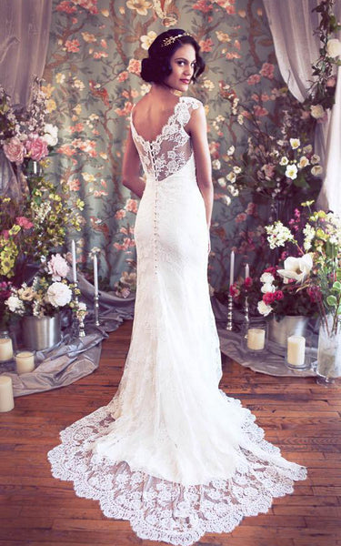 Cap Sleeves Mermaid Lace Wedding Gown With V-Neckline-ET_710975