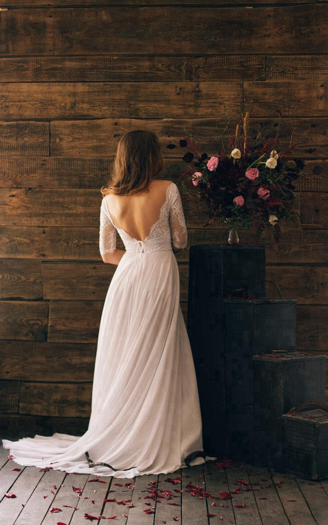 Romantic Style 3 4 Sleeve Long Chiffon Dress With Lace Bodice-ET_71102 DorrisDress Romantic Style 3 4 Sleeve Long Chiffon Dress With Lace Bodice-ET_71102 DorrisDress