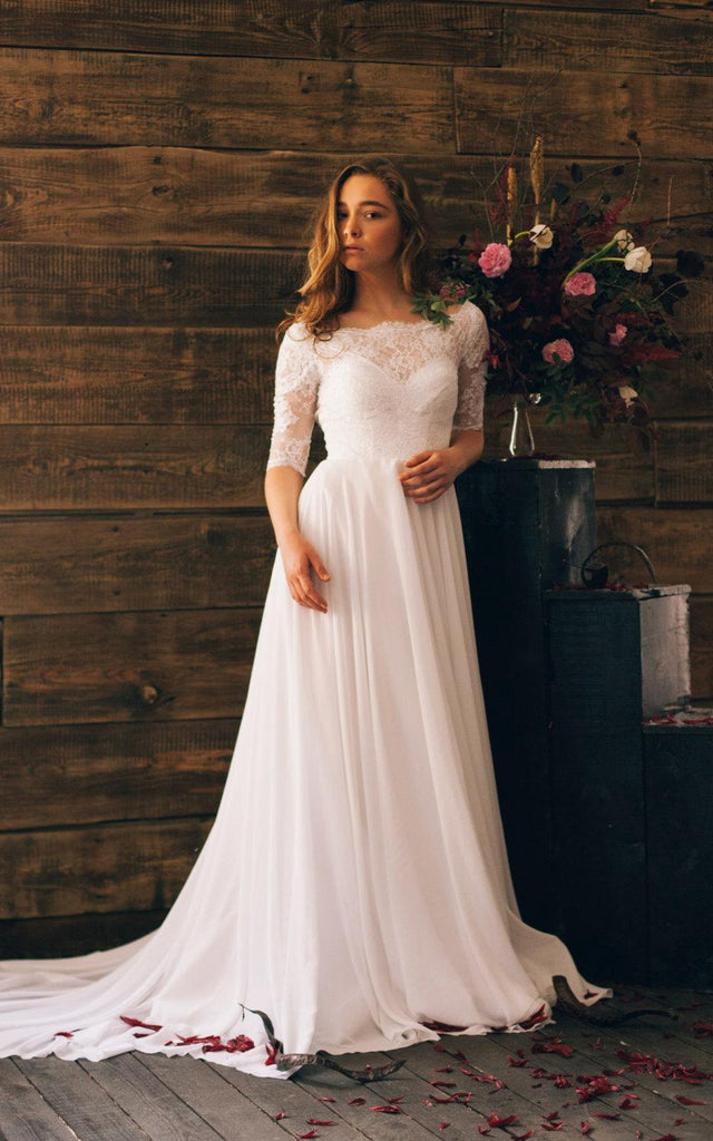 Romantic Style 3 4 Sleeve Long Chiffon Dress With Lace Bodice-ET_71102 DorrisDress Romantic Style 3 4 Sleeve Long Chiffon Dress With Lace Bodice-ET_71102 DorrisDress