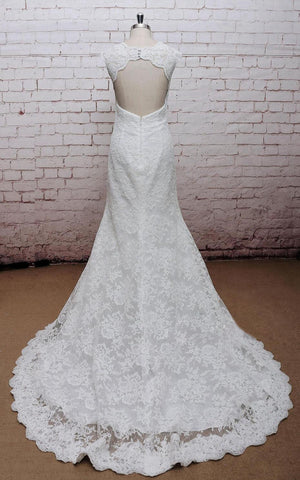 Classic V-Neck Lace Wedding Dress With Empire Waist and Open Back-ET_711085