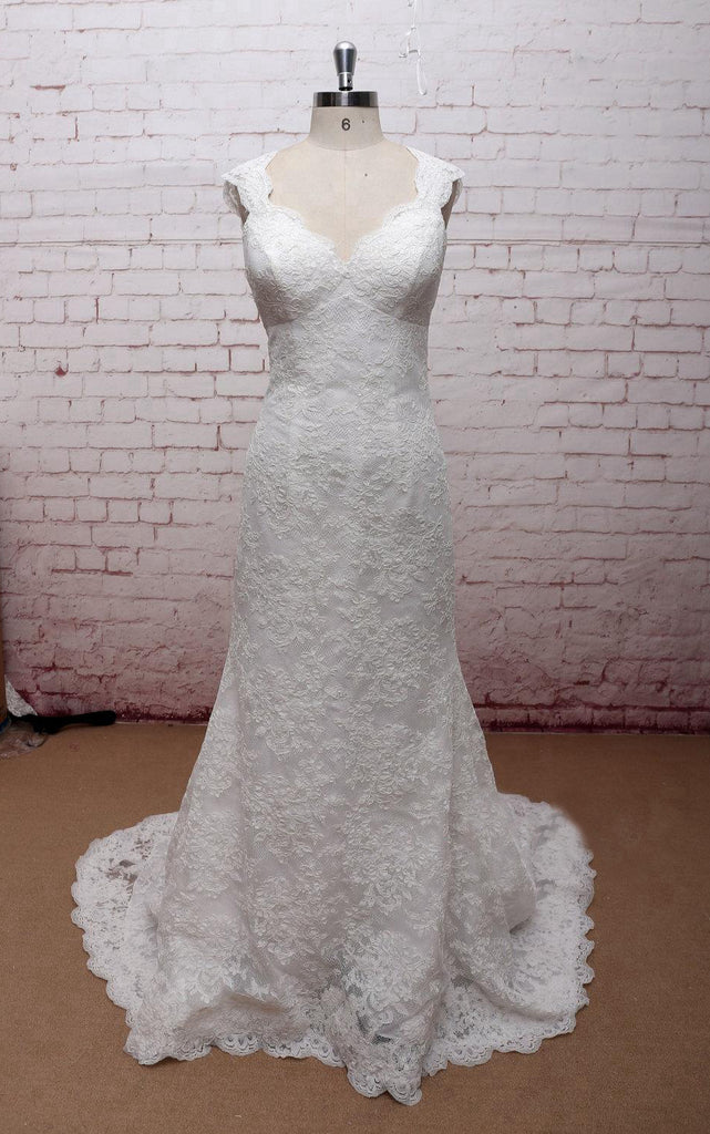 Classic V-Neck Lace Wedding Dress With Empire Waist and Open Back-ET_7 DorrisDress Classic V-Neck Lace Wedding Dress With Empire Waist and Open Back-ET_7 DorrisDress