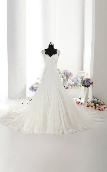 Beautiful Lace Mermaid Wedding Dress With Cap Sleeves Made to Order-ET_711115