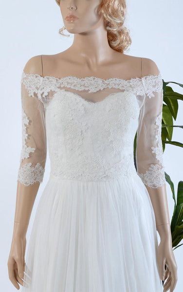 Off Shoulder Long A-Line Tulle Wedding Dress With Lace Bolero