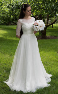 Long A-Line Tulle and Lace Wedding Dress With Elbow Sleeves-ET_711161