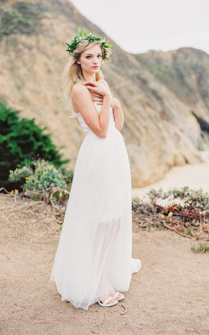 Boho Flowy Soft Transparent Tulle Wedding Dress With Lace Bodice-ET_711200