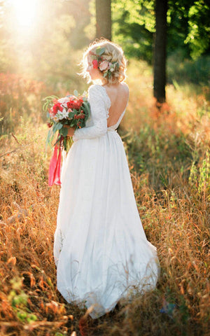 Romantic Chiffon Long A-Line Wedding Dress With Lace Bodice-ET_711221