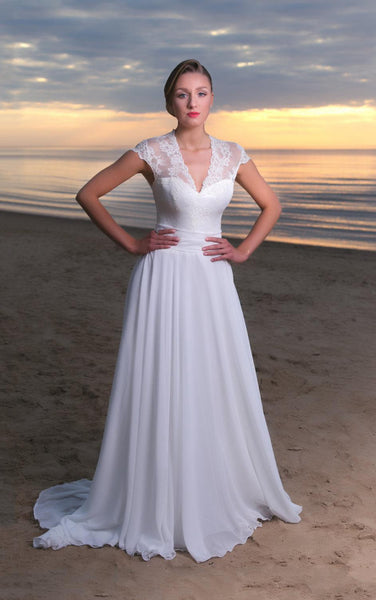 V-Neck Long A-Line Chiffon and Lace Wedding Dress With Cap Sleeves-ET_711222