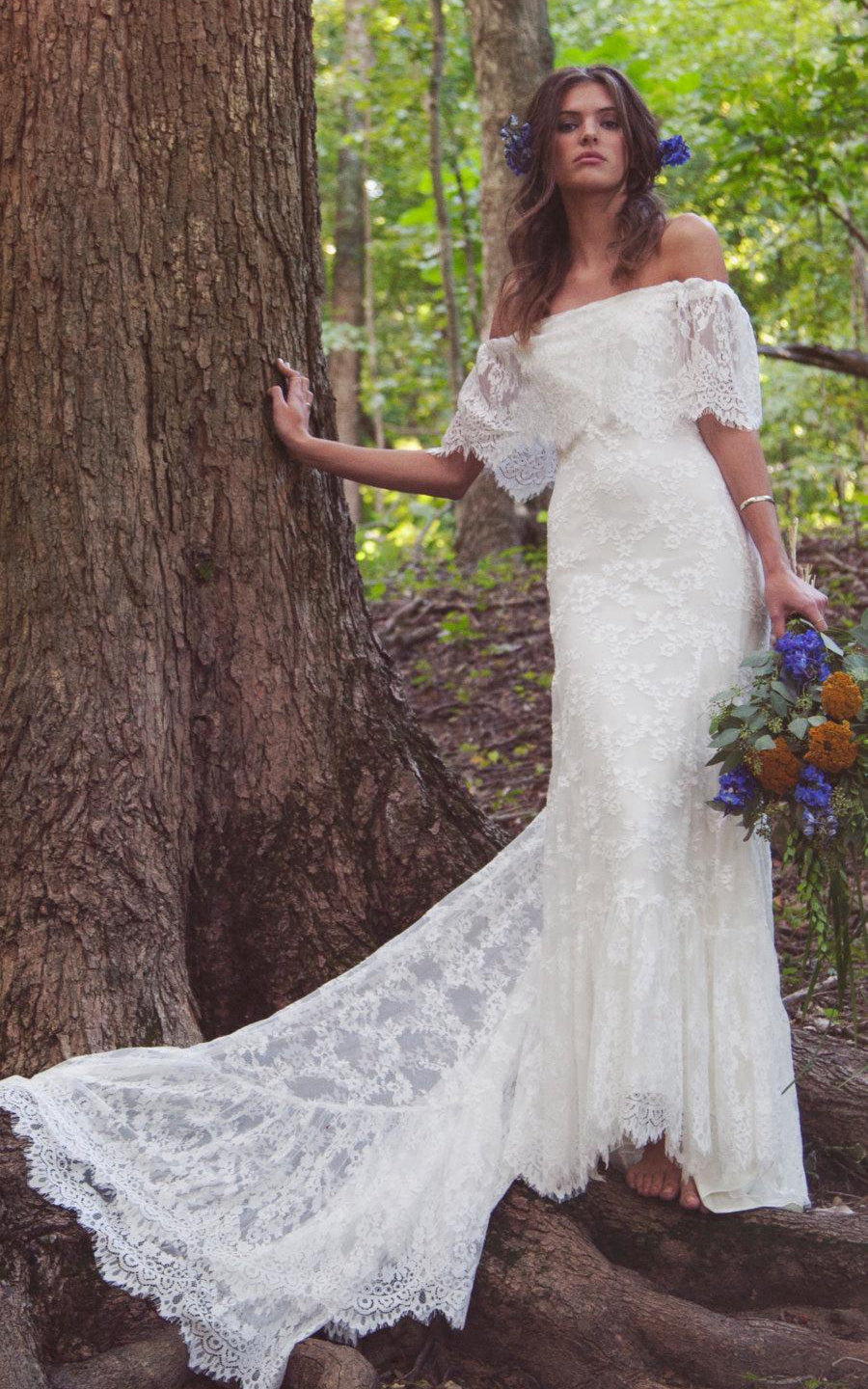 Boho Off-Shoulder Sheath Scalloped Lace Wedding Dress With Long Train- DorrisDress Boho Off-Shoulder Sheath Scalloped Lace Wedding Dress With Long Train- DorrisDress