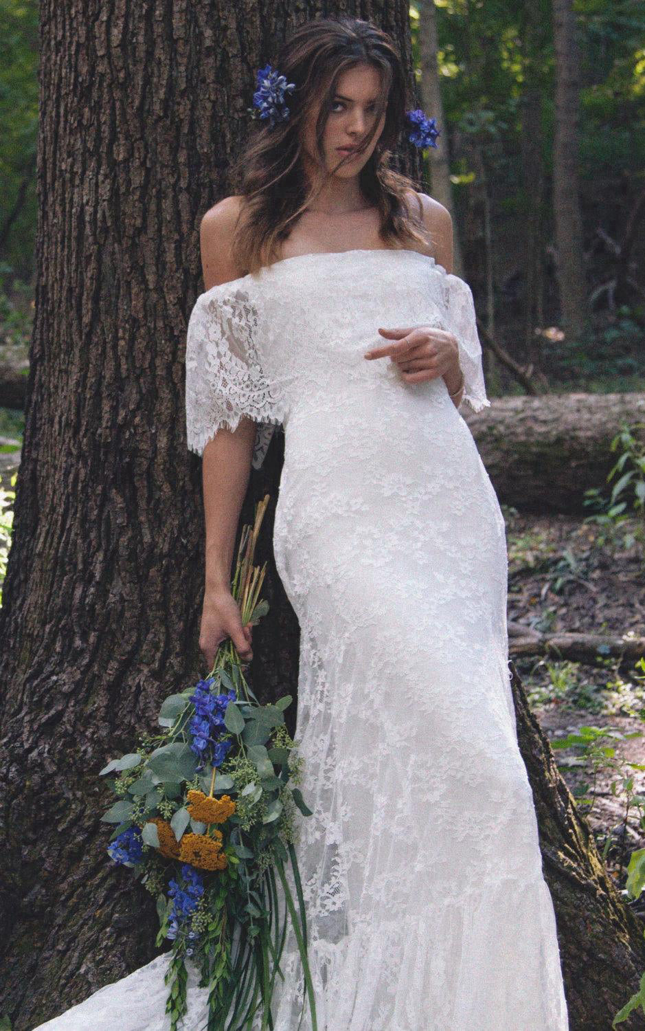 off the shoulder lace boho wedding dress Boho Off-Shoulder Sheath Scalloped Lace Wedding Dress With Long Train- –  DorrisDress