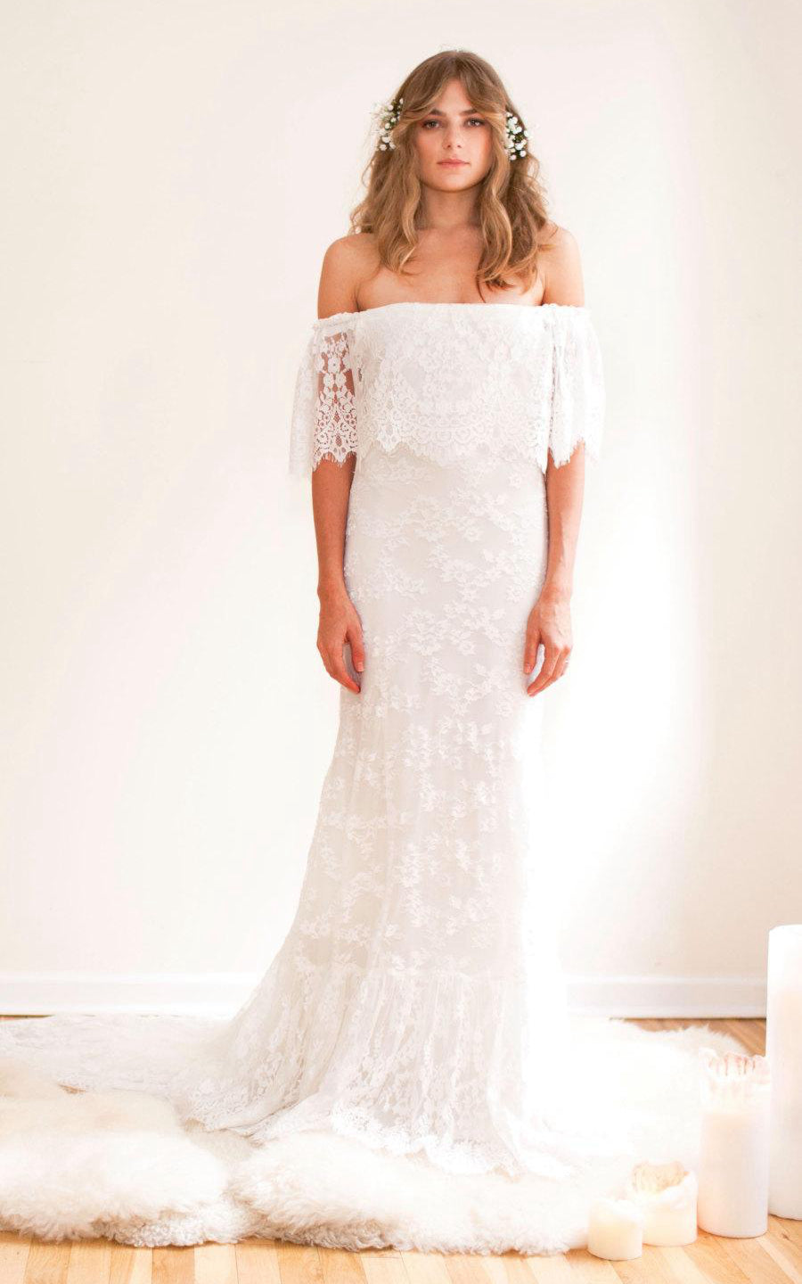 Boho Off-Shoulder Sheath Scalloped Lace Wedding Dress With Long Train- –  DorrisDress