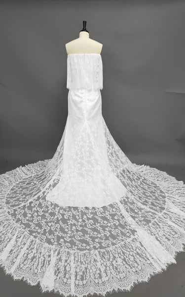 Boho Off-Shoulder Sheath Scalloped Lace Wedding Dress With Long Train-ZET_711235