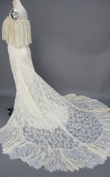Boho Off-Shoulder Sheath Scalloped Lace Wedding Dress With Long Train-ZET_711235
