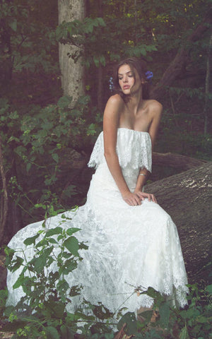 Off-Shoulder Long Sheath Lace Boho Wedding Dress With Ruffles-ET_711236