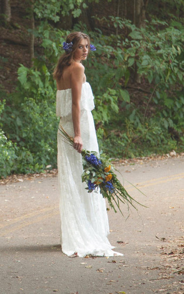 Off-Shoulder Long Sheath Lace Boho Wedding Dress With Ruffles-ET_711236
