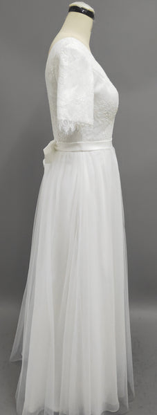 V-Neck Short Sleeve A-Line Tulle Wedding Dress With Lace Bodice-ET_711267z