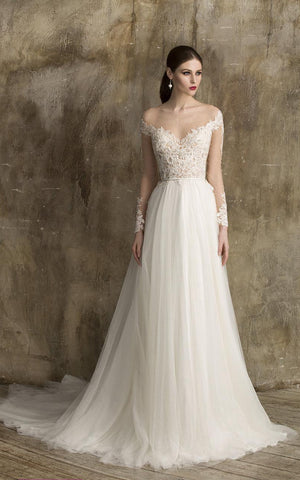 V-Neck A-Line Tulle Wedding Dress With Lace Bodice-ET_711348
