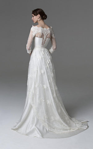 Unique Lace Overlaying Satin Wedding Dress With Bateau Neck-ET_711353