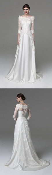 Unique Lace Overlaying Satin Wedding Dress With Bateau Neck-ET_711353