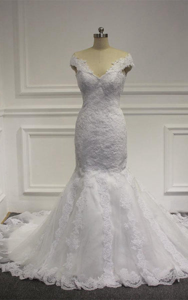 V-Neck Cap Sleeve Lace Mermaid Wedding Dress With Court Train-ET_711421