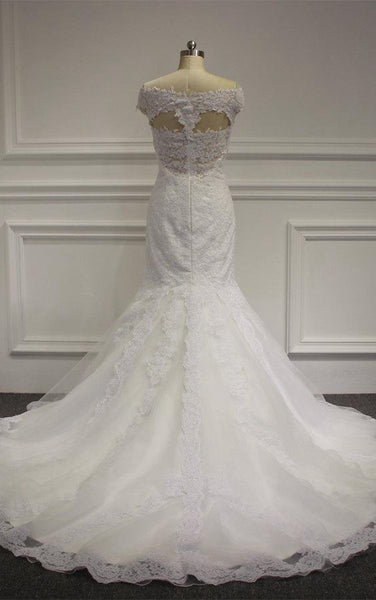 V-Neck Cap Sleeve Lace Mermaid Wedding Dress With Court Train-ET_711421