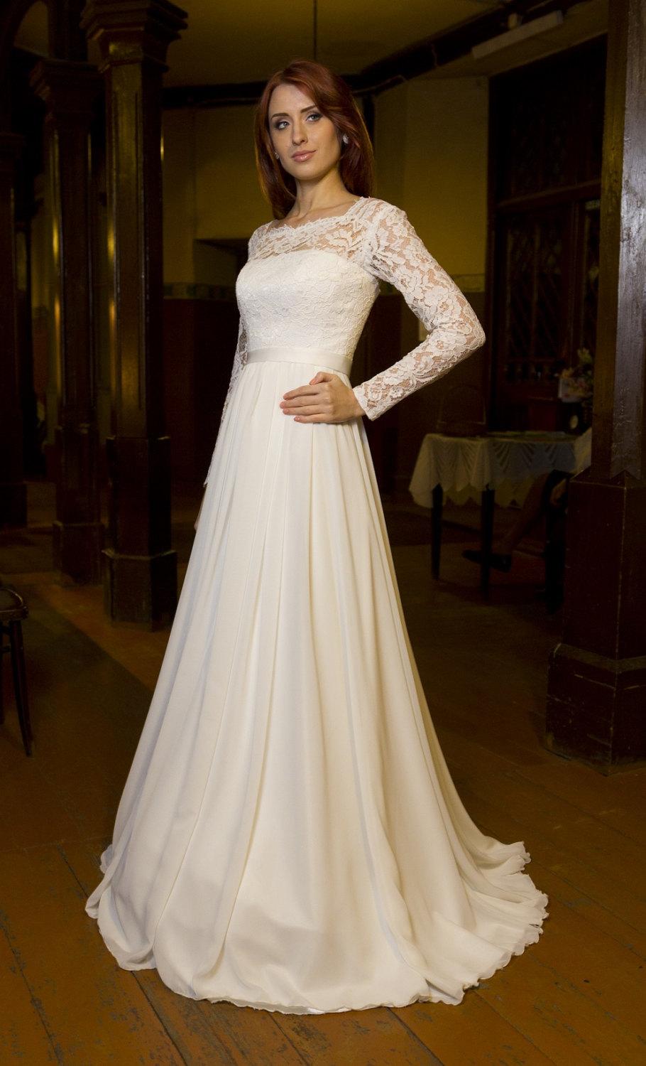 Bateau Neck Long Sleeve Chiffon Wedding Dress With V-Back Cutout-ET_711486