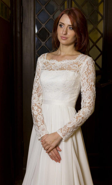 Bateau Neck Long Sleeve Chiffon Wedding Dress With V-Back Cutout-ET_711486