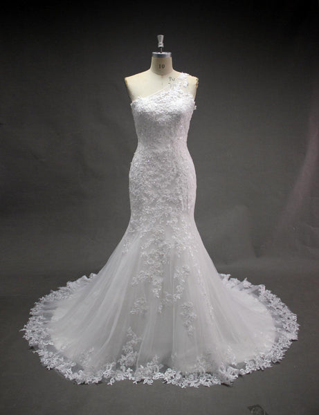 One Shoulder Lace Mermaid Wedding Dress With Court Train-ET_711493