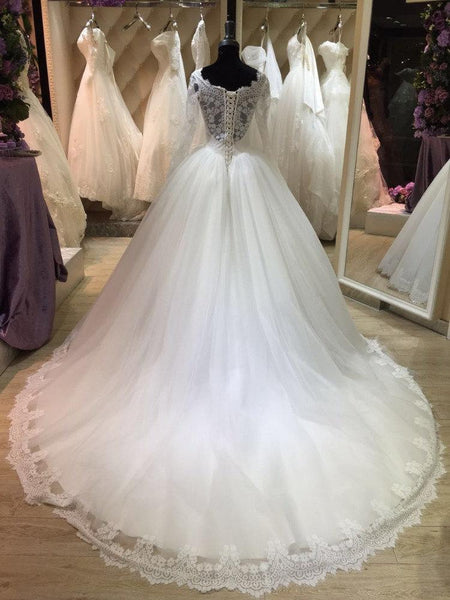 Bateau Neck Long Illusion Sleeve Tulle Ball Gown With Lace Hemline-ET_711506
