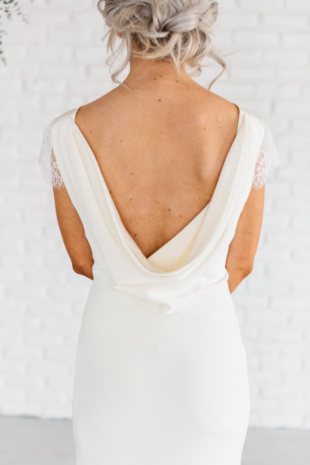 Modern Bateau Cap Sleeve Sheath Wedding Dress Cowl Back