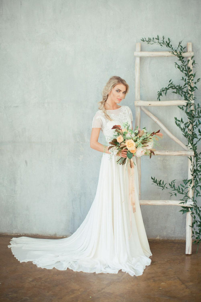 jewel lace a line wedding dress with beading T232057 Flirty Boho All-Over Soft Lace A-line Gown with Plunging Back and Delicately Beaded Bodice
