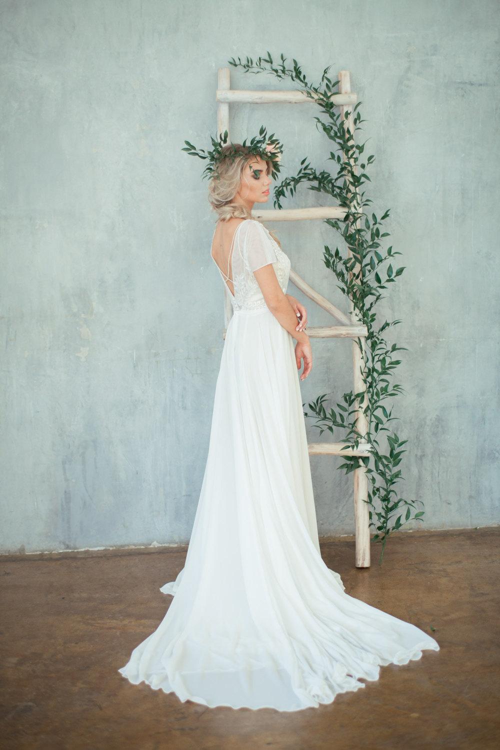 Jewel Neck Cap Sleeve A-Line Chiffon Wedding Dress With Beaded Bodice- – DorrisDress