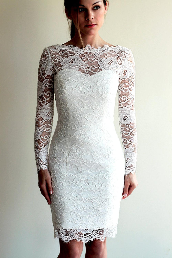 Illusion Neckline Long Sleeve Short Lace Wedding Dress With V Back-ET_ DorrisDress Illusion Neckline Long Sleeve Short Lace Wedding Dress With V Back-ET_ DorrisDress