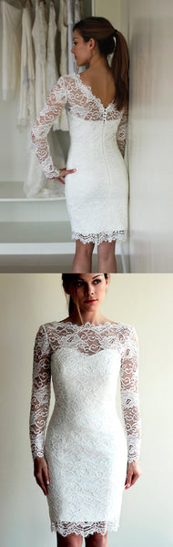 Illusion Neckline Long Sleeve Short Lace Wedding Dress With V Back-ET_711608