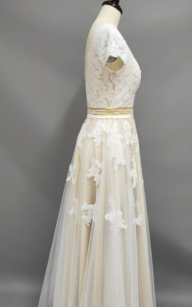 Cap Sleeve V-Neck Lace Wedding Dress With Tulle Skirt and V-Back-ZET_711631