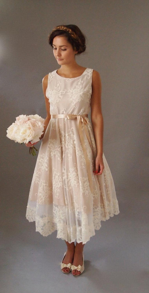 a line scoop neck tea length dresses Princess A-Line Scoop Neck Tea-Length Mother of the Bride Dress with Lace and Appliques
