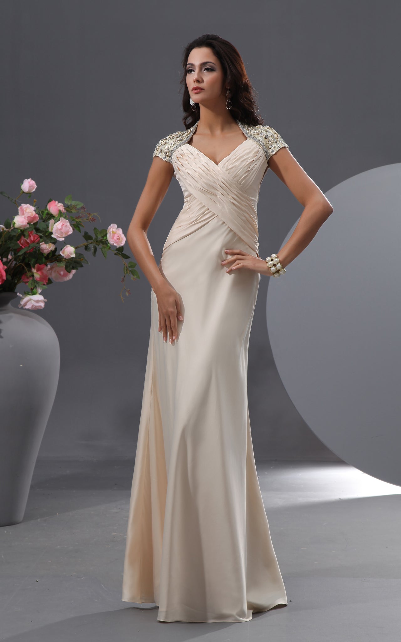 Queen Anne Graceful Gown With Shiny Floral Cap-Sleeves-GC_312334