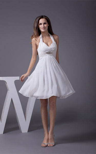 Knee-Length Sleeveless Halter A-Line Dress with Ruching and Beading-GC_706343