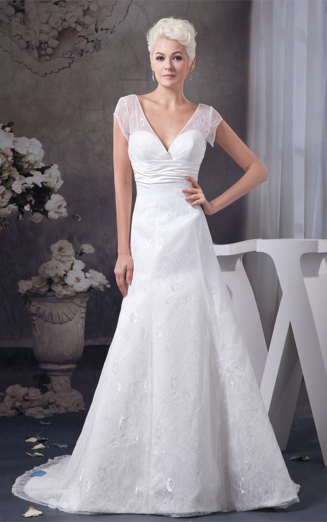 Plunged Caped-Sleeve A-Line Gown with Appliques and Ruched Waist-GC_707293