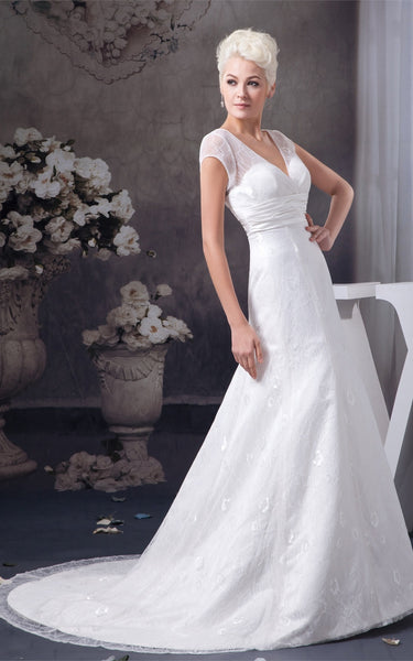 Plunged Caped-Sleeve A-Line Gown with Appliques and Ruched Waist-GC_707293
