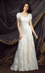 Modest Short Sleeve Lace Wedding Dress-HT_708794