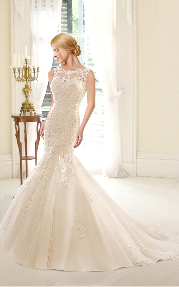 Mermaid Lace and Organza Wedding Dress With Deep V Back-HT_708800