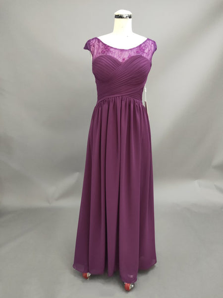 Chiffon Lace Top Ruched Cap-Sleeve A-Line Bridesmaid Dress