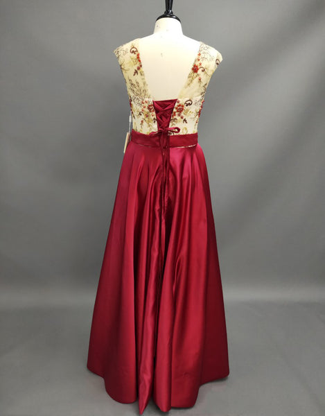 A-Line Scoop Cap-Sleeve Floor-Length Lace Satin Prom Dress With Lace-Up Back And Appliques