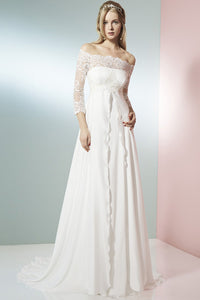 A-Line 3-4 Sleeve Off-The-Shoulder Lace Empire Chiffon Wedding Dress-MK_700336