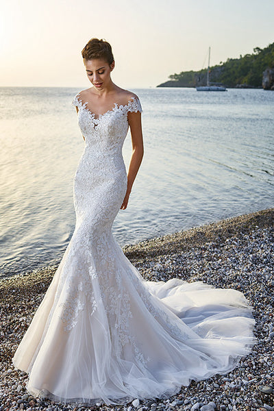 Trumpet Floor-Length V-Neck Cap-Sleeve Lace&Tulle Wedding Dress With Appliques-MK_702090