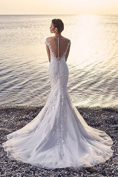 Trumpet Floor-Length V-Neck Cap-Sleeve Lace&Tulle Wedding Dress With Appliques-MK_702090
