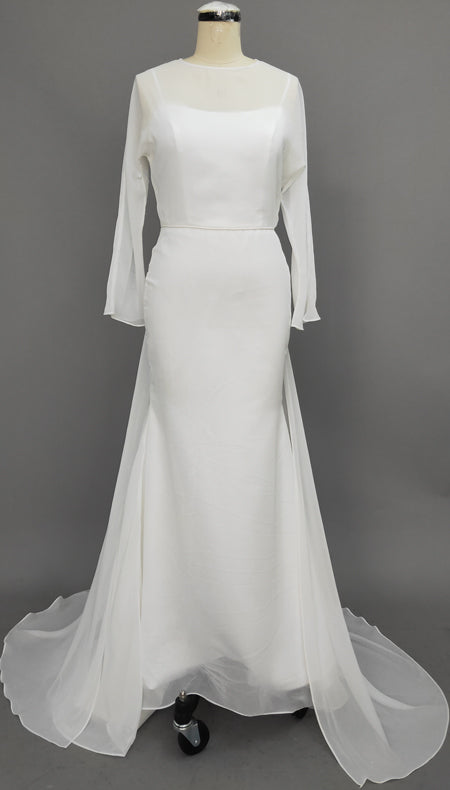 Scoop Floor-Length Long-Sleeve Chiffon Wedding Dress With Watteau Trai ...