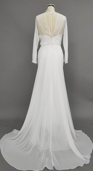 Scoop Floor-Length Long-Sleeve Chiffon Wedding Dress With Watteau Train And V Back-MK_702368